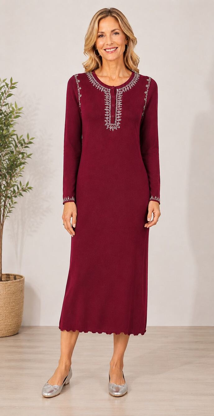 Soft Surroundings Womens Silk Red Long Sleeve Sequins Midi Knit Dress Size Small
